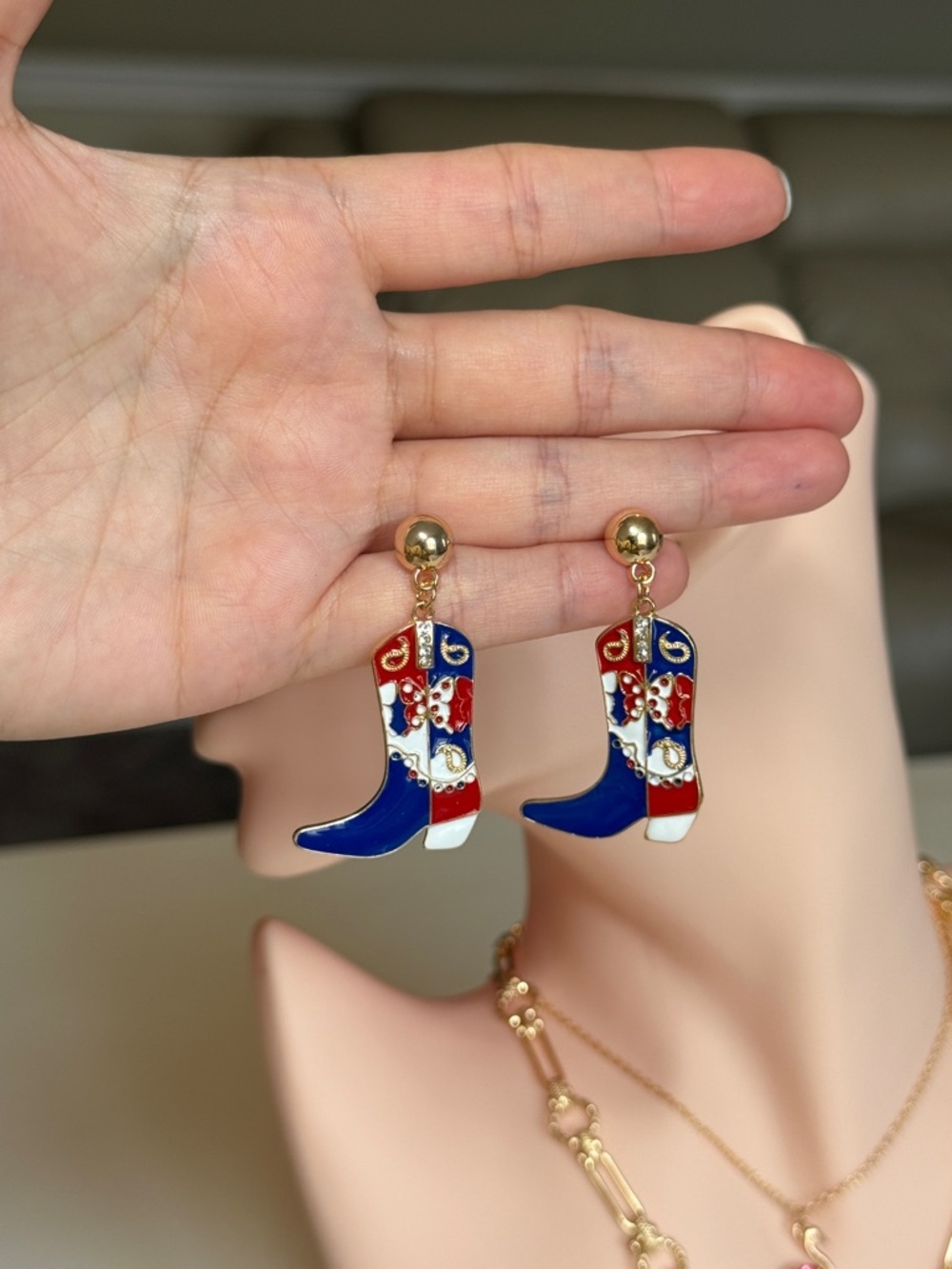 Gold Red, White & Blue Cowgirl Boot Drop Earrings - Picture 11 of 11